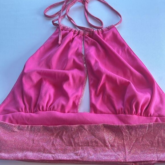 NWOT Metallic Pink Ruched Cut Halter Neck Crop Top- Double Crazy Sz M - Picture 5 of 6